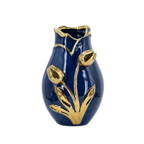 Artekko Glazed Μπλε Κεραμικό Βάζο με Χρυσές Λεπτομέρειες (19x19x28.5)cm