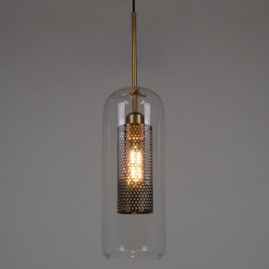 GLOBOSTAR® AVERY 00741 Μοντέρνο Κρεμαστό Φωτιστικό Οροφής με Ντουί 1 x E27 AC 220-240V IP20 - Διάφανο & Χρυσό - Μ15 x Π15 x Υ60cm