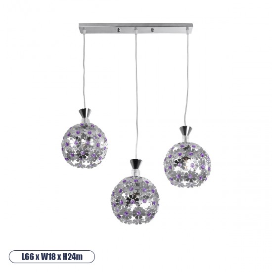 GLOBOSTAR® BOUQUET 01249 Μοντέρνο Κρεμαστό Φωτιστικό Οροφής με Ντουί 3 x E27 AC 220-240V IP20 - Ασημί & Μωβ - Μ66 x Π18 x Υ24cm GLOBOSTAR® BOUQUET 01249 Μοντέρνο Κρεμαστό Φωτιστικό Οροφής με Ντουί 3 x E27 AC 220-240V IP20 - Ασημί & Μωβ - Μ66 x Π18 x Υ24cm