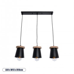GLOBOSTAR® LANA 01425 Μοντέρνο Κρεμαστό Φωτιστικό Οροφής με Ντουί 3 x E27 AC 220-240V IP20 - Μαύρο & Καφέ - Μ60 x Π13 x Υ18cm