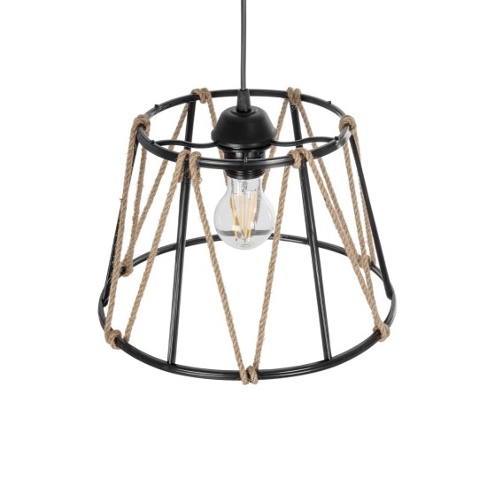 GLOBOSTAR® JUTE 203-0090 Μοντέρνο Κρεμαστό Φωτιστικό Οροφής με Ντουί 1 x E27 AC 220-240V IP20 - Μαύρο & Μπεζ - Μ30 x Π30 x Υ23cm