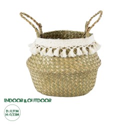 GloboStar® Artificial Garden MILOS 20306 Διακοσμητικό Ψάθινο Καλάθι - Κασπώ Γλάστρα - Flower Pot Μπεζ με Μακραμέ Φ17cm x Υ23cm