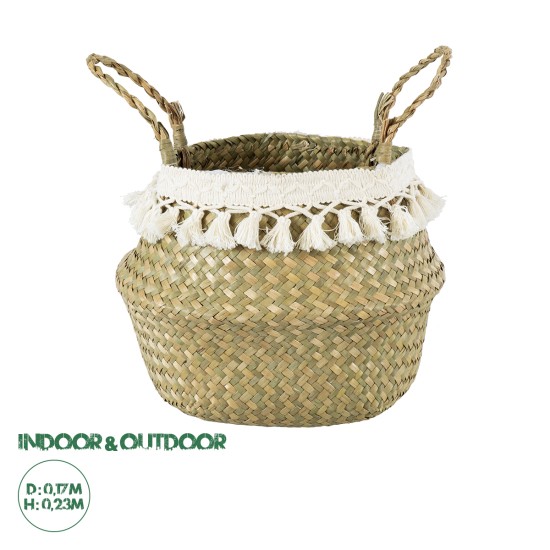 GloboStar® Artificial Garden MILOS 20306 Διακοσμητικό Ψάθινο Καλάθι - Κασπώ Γλάστρα - Flower Pot Μπεζ με Μακραμέ Φ17cm x Υ23cm