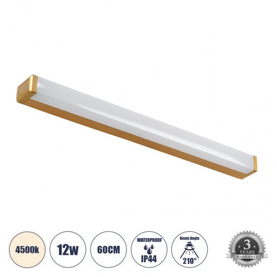 GLOBOSTAR® RENATA 60443 Μοντέρνο Φωτιστικό Τοίχου - Απλίκα Καθρέπτη Μπάνιου LED 12W 1400lm 210° AC 220-240V IP44 Φυσικό Λευκό 4500K - Lumileds SMD Chip & TÜV SÜD Driver - Χρυσό Βούρτσας - Μ60 x Π4 x Υ5.5cm - 3 Χρόνια Εγγύηση GLOBOSTAR® RENATA 60443 Μοντέρνο Φωτιστικό Τοίχου - Απλίκα Καθρέπτη Μπάνιου LED 12W 1400lm 210° AC 220-240V IP44 Φυσικό Λευκό 4500K - Lumileds SMD Chip & TÜV SÜD Driver - Χρυσό Βούρτσας - Μ60 x Π4 x Υ5.5cm - 3 Χρόνια Εγγύηση