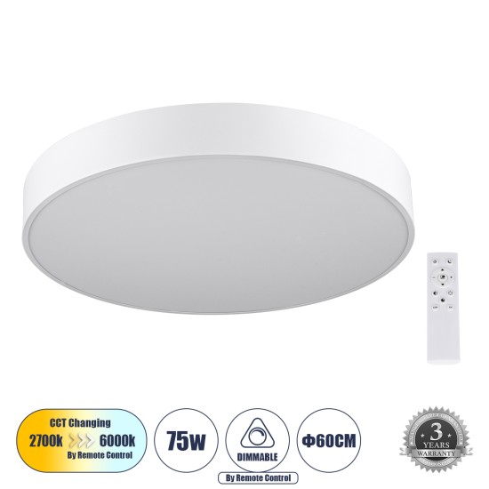 GLOBOSTAR® BURTON 61203-S Μοντέρνο Φωτιστικό Οροφής LED 75W 7500lm 120° AC 220-240V IP20 Ρυθμιζόμενο Λευκό CCT με Χειριστήριο από 2700K έως 6000K Dimmable - Lumileds SMD Chip - Λευκό Ματ - Μ60 x Π60 x Υ8cm - 3 Χρόνια Εγγύηση GLOBOSTAR® BURTON 61203-S Μοντέρνο Φωτιστικό Οροφής LED 75W 7500lm 120° AC 220-240V IP20 Ρυθμιζόμενο Λευκό CCT με Χειριστήριο από 2700K έως 6000K Dimmable - Lumileds SMD Chip - Λευκό Ματ - Μ60 x Π60 x Υ8cm - 3 Χρόνια Εγγύηση
