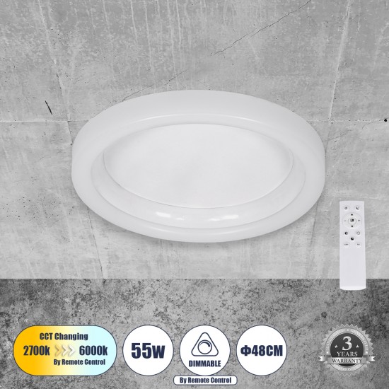 GLOBOSTAR® ARIANA 61035 Μοντέρνο Φωτιστικό Οροφής LED 55W 6376lm 120° AC 220-240V IP20 Ρυθμιζόμενο Λευκό CCT με Χειριστήριο από 2700K έως 6000K Dimmable - Lumileds SMD Chip - Λευκό Ματ - Μ48 x Π48 x Υ9cm - 3 Χρόνια Εγγύηση