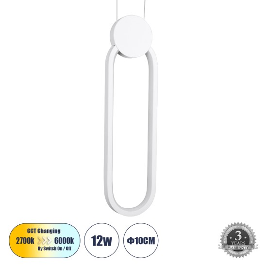 GLOBOSTAR® ILDI 61089 Μοντέρνο Κρεμαστό Φωτιστικό Οροφής LED 12W 1440lm 300° AC 220-240V IP20 Ρυθμιζόμενο Λευκό CCT με On/Off 2700K/4500K/6000K - Lumileds SMD Chip - Λευκό Ματ - Μ10 x Π2.3 x Υ38cm - 3 Χρόνια Εγγύηση