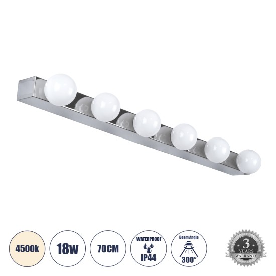 GLOBOSTAR® BELLA 60453 Μοντέρνο Φωτιστικό Τοίχου - Απλίκα Καθρέπτη Μπάνιου LED 18W 2052lm 300° AC 220-240V IP44 Φυσικό Λευκό 4500K - Bridgelux COB Chip & TÜV SÜD Driver - Ασημί & Λευκό - Μ70 x Π11 x Υ6cm - 3 Χρόνια Εγγύηση GLOBOSTAR® BELLA 60453 Μοντέρνο Φωτιστικό Τοίχου - Απλίκα Καθρέπτη Μπάνιου LED 18W 2052lm 300° AC 220-240V IP44 Φυσικό Λευκό 4500K - Bridgelux COB Chip & TÜV SÜD Driver - Ασημί & Λευκό - Μ70 x Π11 x Υ6cm - 3 Χρόνια Εγγύηση