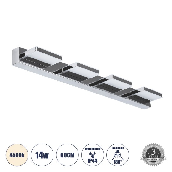 GLOBOSTAR® KARLA 60456 Μοντέρνο Φωτιστικό Τοίχου - Απλίκα Καθρέπτη Μπάνιου LED 14W 1600lm 180° AC 220-240V IP44 Φυσικό Λευκό 4500K - Lumileds SMD Chip & TÜV SÜD Driver - Νίκελ Χρώμιο - Μ60 x Π9 x Υ5cm - 3 Χρόνια Εγγύηση GLOBOSTAR® KARLA 60456 Μοντέρνο Φωτιστικό Τοίχου - Απλίκα Καθρέπτη Μπάνιου LED 14W 1600lm 180° AC 220-240V IP44 Φυσικό Λευκό 4500K - Lumileds SMD Chip & TÜV SÜD Driver - Νίκελ Χρώμιο - Μ60 x Π9 x Υ5cm - 3 Χρόνια Εγγύηση