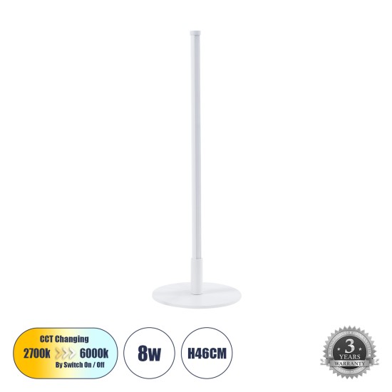 GLOBOSTAR® DALUMA 60468 Μοντέρνο Επιτραπέζιο Φωτιστικό LED 8W 880lm 200° AC 220-240V IP20 Ρυθμιζόμενο Λευκό CCT με On/Off 2700K/4500K/6000K - Lumileds SMD Chip - Λευκό - Μ15 x Π15 x Υ46cm - 3 Χρόνια Εγγύηση