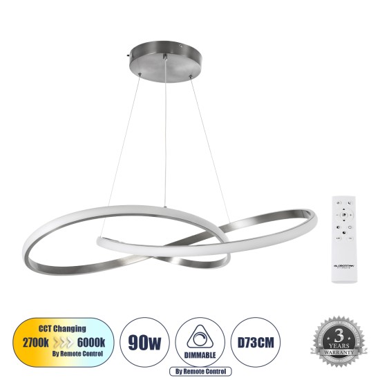 GLOBOSTAR® DEXTER 60915 Μοντέρνο Κρεμαστό Φωτιστικό Οροφής LED 90W 9000lm 300° AC 220-240V IP20 Ρυθμιζόμενο Λευκό CCT με Χειριστήριο από 2700K έως 6000K Dimmable - Lumileds SMD Chip - Σατινέ Νίκελ Βούρτσας - Μ73 x Π73 x Υ16cm - 3 Χρόνια Εγγύηση