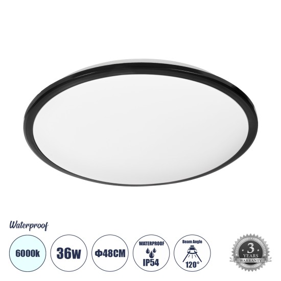 GLOBOSTAR® TUFFIN 60998 Φωτιστικό Πλαφονιέρα Οροφής LED 36W 3600lm 120° AC 220-240V Αδιάβροχο IP54 Ψυχρό Λευκό 6000K - Lumileds SMD Chip - Μαύρο Ματ & Λευκό Γαλακτερό - Μ48 x Π48 x Υ6.5cm - 3 Χρόνια Εγγύηση