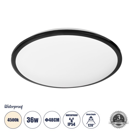 GLOBOSTAR® TUFFIN 60999 Φωτιστικό Πλαφονιέρα Οροφής LED 36W 3420lm 120° AC 220-240V Αδιάβροχο IP54 Φυσικό Λευκό 4500K - Lumileds SMD Chip - Μαύρο Ματ & Λευκό Γαλακτερό - Μ48 x Π48 x Υ6.5cm - 3 Χρόνια Εγγύηση
