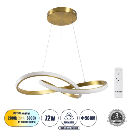 GLOBOSTAR® DEXTER 61051 Μοντέρνο Κρεμαστό Φωτιστικό Οροφής LED 72W 7200lm 300° AC 220-240V IP20 Ρυθμιζόμενο Λευκό CCT με Χειριστήριο από 2700K έως 6000K Dimmable - Lumileds SMD Chip - Σατινέ Χρυσό Βούρτσας - Μ56 x Π56 x Υ14cm - 3 Χρόνια Εγγύηση
