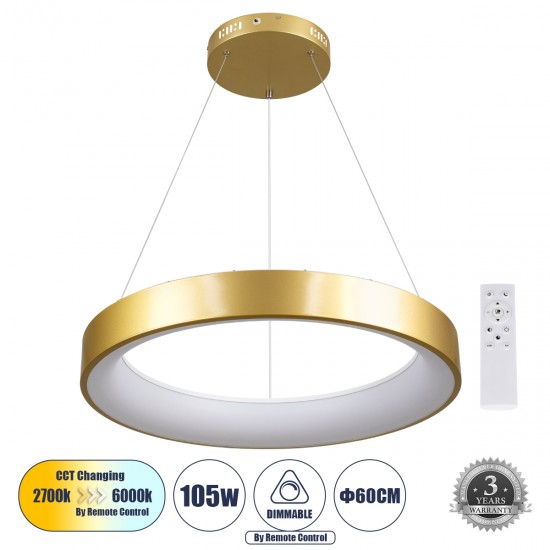GLOBOSTAR® SALEM 61247 Μοντέρνο Κρεμαστό Φωτιστικό Οροφής LED 105W 12075lm 120° AC 220-240V IP20 Ρυθμιζόμενο Λευκό CCT με Χειριστήριο από 2700K έως 6000K Dimmable - Lumileds SMD Chip - Χρυσό - Μ60 x Π60 x Υ6cm - 3 Χρόνια Εγγύηση GLOBOSTAR® SALEM 61247 Μοντέρνο Κρεμαστό Φωτιστικό Οροφής LED 105W 12075lm 120° AC 220-240V IP20 Ρυθμιζόμενο Λευκό CCT με Χειριστήριο από 2700K έως 6000K Dimmable - Lumileds SMD Chip - Χρυσό - Μ60 x Π60 x Υ6cm - 3 Χρόνια Εγγύηση