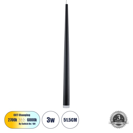 GLOBOSTAR® TEARS 61309 Μοντέρνο Κρεμαστό Φωτιστικό Οροφής LED 3W 330lm 180° AC 220-240V IP20 Ρυθμιζόμενο Λευκό CCT με On/Off 2700K/4500K/6000K Dimmable - Lumileds SMD Chip - Μαύρο Ματ - Μ3.2 x Π3.2 x Υ51.5cm - 3 Χρόνια Εγγύηση