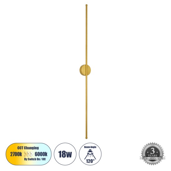 GLOBOSTAR® DIADEM 61334 Μοντέρνο Φωτιστικό Τοίχου - Απλίκα LED 18W 2160lm 120° AC 220-240V IP20 Ρυθμιζόμενο Λευκό CCT με On/Off 2700K/4500K/6000K - Lumileds SMD Chip - Χρυσό Βούρτσας - Μ10 x Π4 x Υ120cm - 3 Χρόνια Εγγύηση