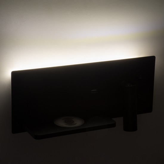 GLOBOSTAR® PALADIN 61351 Μοντέρνο Φωτιστικό Τοίχου - Απλίκα Ξενοδοχείου Reading Light με Φορτιστή USB 3A & Wireless 20W LED 6W 720lm 36° & 360° AC 220-240V IP20 Φυσικό Λευκό 4500K - Bridgelux COB Chip & TÜV SÜD Driver - Μαύρο Ματ - Μ30 x Π11 x