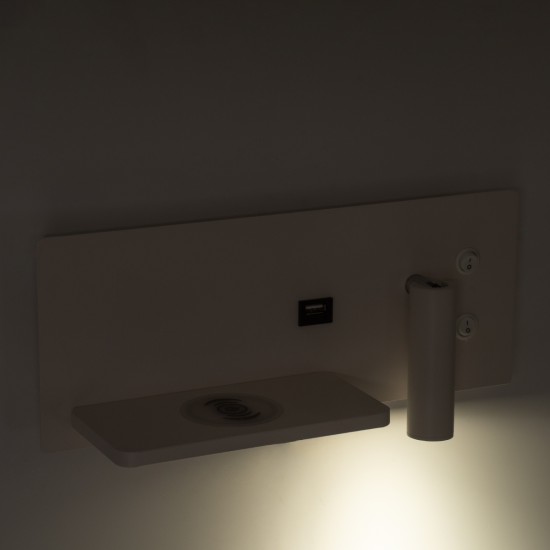 GLOBOSTAR® PALADIN 61353 Μοντέρνο Φωτιστικό Τοίχου - Απλίκα Ξενοδοχείου Reading Light με Φορτιστή USB 3A & Wireless 20W LED 6W 720lm 36° & 360° AC 220-240V IP20 Φυσικό Λευκό 4500K - Bridgelux COB Chip & TÜV SÜD Driver - Λευκό Ματ - Μ30 x Π11 x