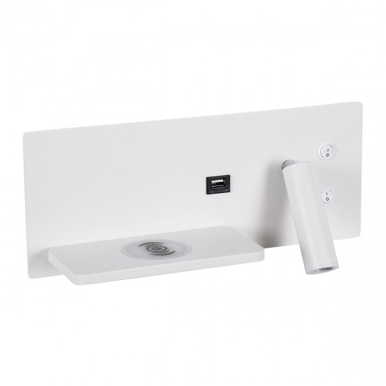 GLOBOSTAR® PALADIN 61353 Μοντέρνο Φωτιστικό Τοίχου - Απλίκα Ξενοδοχείου Reading Light με Φορτιστή USB 3A & Wireless 20W LED 6W 720lm 36° & 360° AC 220-240V IP20 Φυσικό Λευκό 4500K - Bridgelux COB Chip & TÜV SÜD Driver - Λευκό Ματ - Μ30 x Π11 x