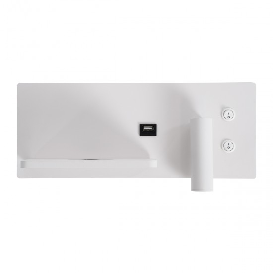 GLOBOSTAR® PALADIN 61353 Μοντέρνο Φωτιστικό Τοίχου - Απλίκα Ξενοδοχείου Reading Light με Φορτιστή USB 3A & Wireless 20W LED 6W 720lm 36° & 360° AC 220-240V IP20 Φυσικό Λευκό 4500K - Bridgelux COB Chip & TÜV SÜD Driver - Λευκό Ματ - Μ30 x Π11 x