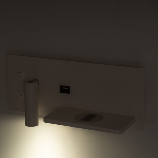 GLOBOSTAR® PALADIN 61354 Μοντέρνο Φωτιστικό Τοίχου - Απλίκα Ξενοδοχείου Reading Light με Φορτιστή USB 3A & Wireless 20W LED 6W 720lm 36° & 360° AC 220-240V IP20 Φυσικό Λευκό 4500K - Bridgelux COB Chip & TÜV SÜD Driver - Λευκό Ματ - Μ30 x Π11 x