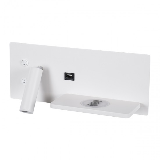 GLOBOSTAR® PALADIN 61354 Μοντέρνο Φωτιστικό Τοίχου - Απλίκα Ξενοδοχείου Reading Light με Φορτιστή USB 3A & Wireless 20W LED 6W 720lm 36° & 360° AC 220-240V IP20 Φυσικό Λευκό 4500K - Bridgelux COB Chip & TÜV SÜD Driver - Λευκό Ματ - Μ30 x Π11 x