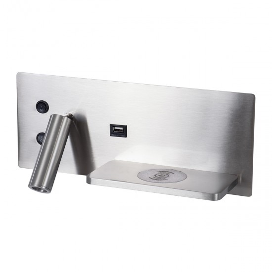 GLOBOSTAR® PALADIN 61356 Μοντέρνο Φωτιστικό Τοίχου - Απλίκα Ξενοδοχείου Reading Light με Φορτιστή USB 3A & Wireless 20W LED 6W 720lm 36° & 360° AC 220-240V IP20 Φυσικό Λευκό 4500K - Bridgelux COB Chip & TÜV SÜD Driver - Νίκελ Βούρτσας - Μ30 x 