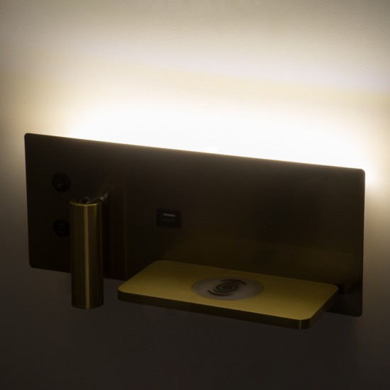 GLOBOSTAR® PALADIN 61358 Μοντέρνο Φωτιστικό Τοίχου - Απλίκα Ξενοδοχείου Reading Light με Φορτιστή USB 3A & Wireless 20W LED 6W 720lm 36° & 360° AC 220-240V IP20 Φυσικό Λευκό 4500K - Bridgelux COB Chip & TÜV SÜD Driver - Χρυσό Βούρτσας - Μ30 x 