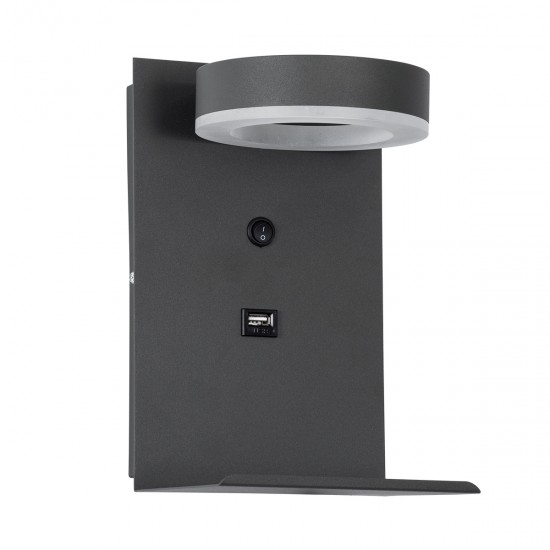 GLOBOSTAR® CROWN 61372 Μοντέρνο Φωτιστικό Τοίχου - Απλίκα Ξενοδοχείου Reading Light με Φορτιστή USB 3A LED 5W 550lm 120° AC 220-240V IP20 Φυσικό Λευκό 4500K - Bridgelux COB Chip & TÜV SÜD Driver - Γκρι Ανθρακί Ματ - Μ15 x Π15 x Υ23cm - 3 Χρόνια Εγγύησ