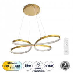 GLOBOSTAR® BUTTERFLY 61393 Μοντέρνο Κρεμαστό Φωτιστικό Οροφής LED 75W 7500lm 300° AC 220-240V IP20 Ρυθμιζόμενο Λευκό CCT με Χειριστήριο από 2700K έως 6000K Dimmable - Lumileds SMD Chip - Χρυσό Βούρτσας - Μ70 x Π55 x Υ4cm - 3 Χρόνια Εγγύηση