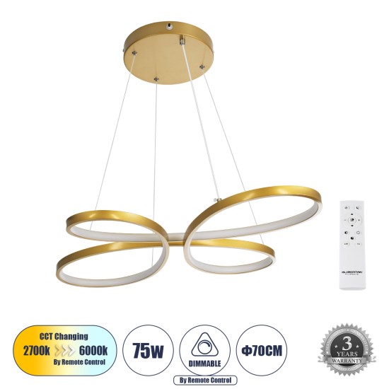 GLOBOSTAR® BUTTERFLY 61393 Μοντέρνο Κρεμαστό Φωτιστικό Οροφής LED 75W 7500lm 300° AC 220-240V IP20 Ρυθμιζόμενο Λευκό CCT με Χειριστήριο από 2700K έως 6000K Dimmable - Lumileds SMD Chip - Χρυσό Βούρτσας - Μ70 x Π55 x Υ4cm - 3 Χρόνια Εγγύηση GLOBOSTAR® BUTTERFLY 61393 Μοντέρνο Κρεμαστό Φωτιστικό Οροφής LED 75W 7500lm 300° AC 220-240V IP20 Ρυθμιζόμενο Λευκό CCT με Χειριστήριο από 2700K έως 6000K Dimmable - Lumileds SMD Chip - Χρυσό Βούρτσας - Μ70 x Π55 x Υ4cm - 3 Χρόνια Εγγύηση