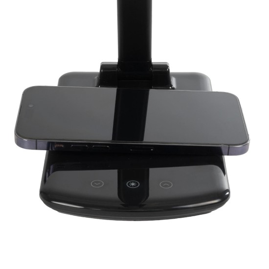 GLOBOSTAR® ONO 76533 Μοντέρνο Επιτραπέζιο Φωτιστικό Γραφείου με Ασύρματη Φόρτιση 10W 2A LED 3.5W 350lm 90° DC 5V με USB-C IP20 Ρυθμιζόμενο Λευκό CCT με Αφή 2700K/4500K/6000K Dimmable - Sanan SMD Chip - Μαύρο - Μ18 x Π12 x Υ36cm - 2 Χρόνια Εγγύηση