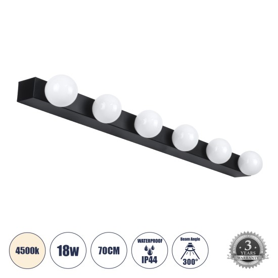 GLOBOSTAR® BELLA 60452 Μοντέρνο Φωτιστικό Τοίχου - Απλίκα Καθρέπτη Μπάνιου LED 18W 2052lm 300° AC 220-240V IP44 Φυσικό Λευκό 4500K - Bridgelux COB Chip & TÜV SÜD Driver - Μαύρο Ματ & Λευκό - Μ70 x Π11 x Υ6cm - 3 Χρόνια Εγγύηση