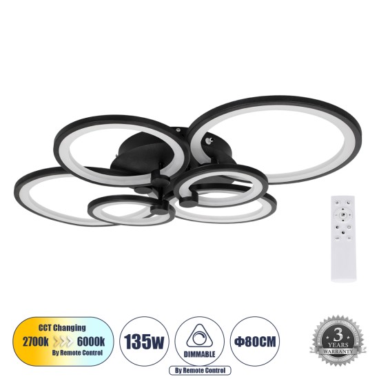 GLOBOSTAR® ROYAL-R 61323 Μοντέρνο Φωτιστικό Οροφής LED 135W 13500lm 360° AC 220-240V IP20 Ρυθμιζόμενο Λευκό CCT με Χειριστήριο από 2700K έως 6000K Dimmable - Lumileds SMD Chip - Μαύρο Ματ - Μ80.5 x Π59 x Υ12cm - 3 Χρόνια Εγγύηση