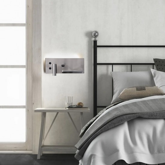 GLOBOSTAR® PALADIN 61356 Μοντέρνο Φωτιστικό Τοίχου - Απλίκα Ξενοδοχείου Reading Light με Φορτιστή USB 3A & Wireless 20W LED 6W 720lm 36° & 360° AC 220-240V IP20 Φυσικό Λευκό 4500K - Bridgelux COB Chip & TÜV SÜD Driver - Νίκελ Βούρτσας - Μ30 x 