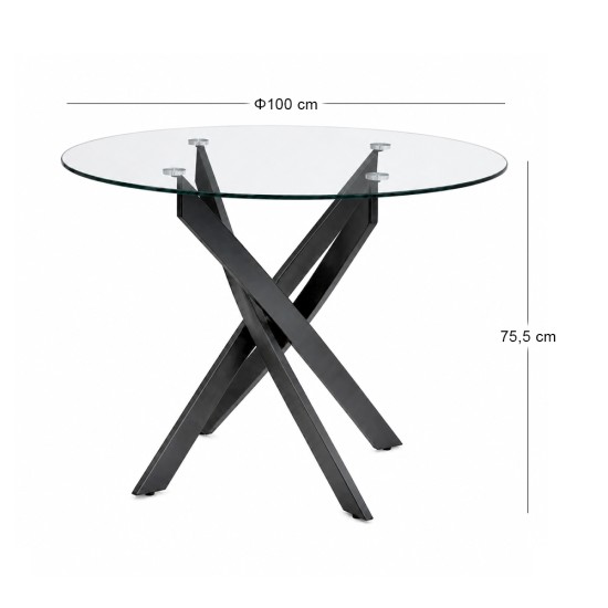 Τραπέζι Aldo Megapap γυαλί - μεταλλικά μαύρα πόδια Ø100x75,5εκ.