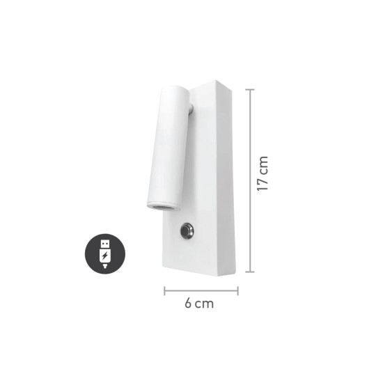 InLight Επιτοίχιο Φωτιστικό LED Λευκό 3W – Spot με USB & Type-C (43037-WH)