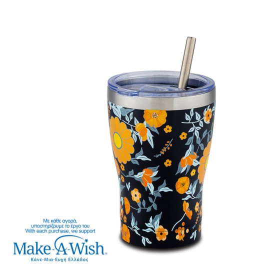 Θερμός ποτήρι με ανοξείδωτο καλαμάκι "We Care", Dark Blue Floral 400ml