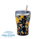 Θερμός ποτήρι με ανοξείδωτο καλαμάκι "We Care", Dark Blue Floral 400ml