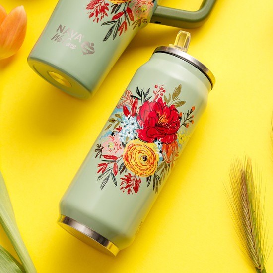Θερμός ποτήρι με καλαμάκι από σιλικόνη "We Care", Green Floral 500ml Θερμός ποτήρι με καλαμάκι από σιλικόνη "We Care", Green Floral 500ml