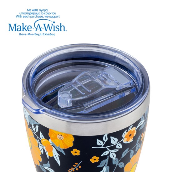 Θερμός ποτήρι με ανοξείδωτο καλαμάκι "We Care", Dark Blue Floral 400ml