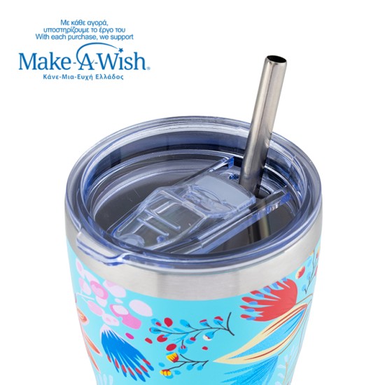 Θερμός ποτήρι με ανοξείδωτο καλαμάκι "We Care", Cyan Floral 400ml Θερμός ποτήρι με ανοξείδωτο καλαμάκι "We Care", Cyan Floral 400ml