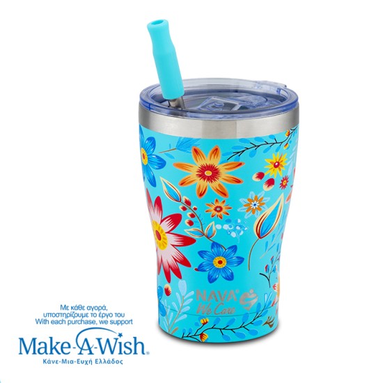 Θερμός ποτήρι με ανοξείδωτο καλαμάκι "We Care", Cyan Floral 400ml