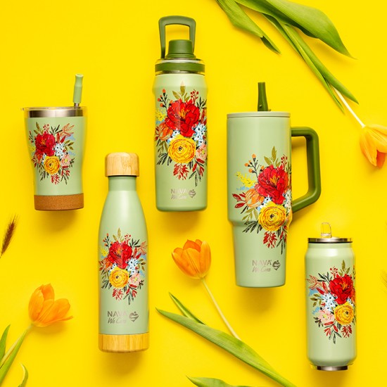 Θερμός ποτήρι με καλαμάκι από σιλικόνη "We Care", Green Floral 500ml Θερμός ποτήρι με καλαμάκι από σιλικόνη "We Care", Green Floral 500ml