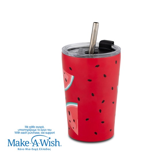 Θερμός ποτήρι με ανοξείδωτο καλαμάκι "We Care", Watermelon 350ml