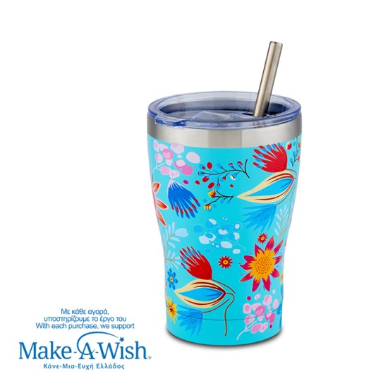Θερμός ποτήρι με ανοξείδωτο καλαμάκι "We Care", Cyan Floral 400ml Θερμός ποτήρι με ανοξείδωτο καλαμάκι "We Care", Cyan Floral 400ml