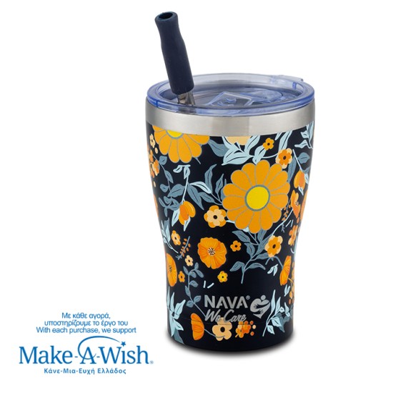 Θερμός ποτήρι με ανοξείδωτο καλαμάκι "We Care", Dark Blue Floral 400ml