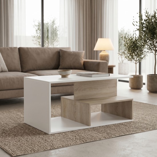 Τραπέζι σαλονιού Kelena pakoworld sonoma-λευκό 90x51x43εκ Τραπέζι σαλονιού Kelena pakoworld sonoma-λευκό 90x51x43εκ