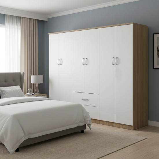 Ντουλάπα εξάφυλλη Athos Ι pakoworld sonoma-λευκό 200.5x42x180εκ